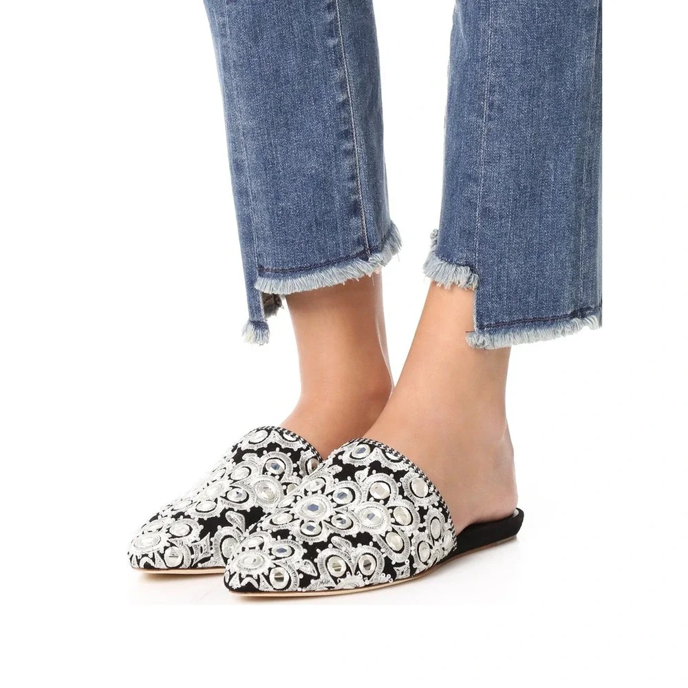 Tory Burch Elora Slide Black Suede Mirror Embroidery Flat Mule Slipper 6 $378